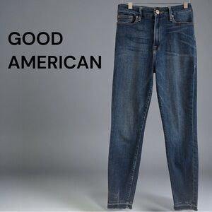 Good American Women’s Good Legs Stretch Dark Blue Raw Hem Jeans